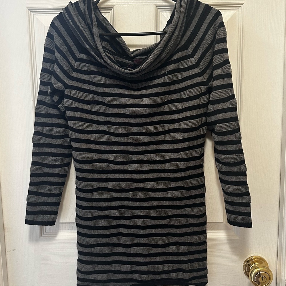 Elegant Black and Gray Striped Women's Cowl Neck Sweater